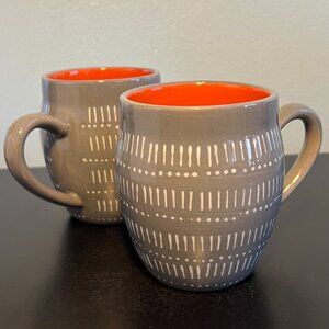 Set of 2 Baum Brothers TANGIER Gray & Orange Stoneware Mugs ~ Morocco Inspired